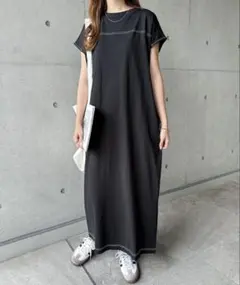 アンドミー　コットンフレンチスリーブ配合ステッチオーバーサイズTシャツ　黒