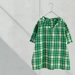 3588【トップバリュ】シャツ　半袖　プルオーバー　チェック柄　緑　春夏　薄手
