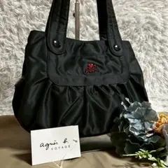 【美品】アニエスベー ナイロン ハンドバッグトートバッグ ロゴ金具 ブラック