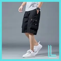 メンズ ハーフパンツ 短パン サイドポケット付き カーゴパンツ 黒 ブラック L