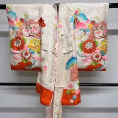 子供用着物　襦袢付き　銀彩　菊花　楓　松竹梅　鹿の子模様　青海波　着物　031t