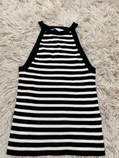 ZARA 黒白ストライプ ハイネックタンクトップ