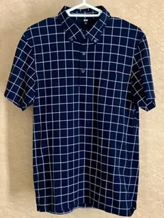 美品＊ユニクロ＊ 半袖ハーフボタンポロシャツ　ブロックチェック NAVY/L