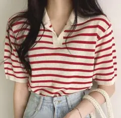 夏服SALE‼️赤と白のストライプ 半袖ニット
