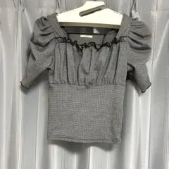 トルテ　チェック柄フリルパフスリーブトップス 白黒　M バックレースアップ