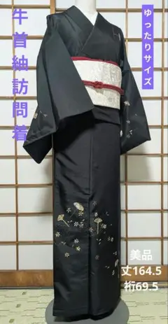 美品 牛首紬 刺繍訪問着 丈164.5 裄69.5 ゆったりサイズ