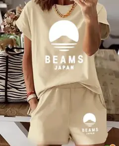 BEAMS JAPAN ロゴ ベージュ セットアップ 半袖 ストレッチ
