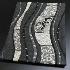 ［4889］名古屋帯 美品 雪輪花唐草文様 九寸 逸品 正絹 着物 黒