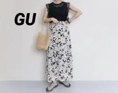 【美品】GU フラワープリントAラインロングスカート Mサイズ 花柄 総柄