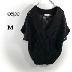 cepo Vネックニット M ブラック 透け編み羽織りゆったりb142②