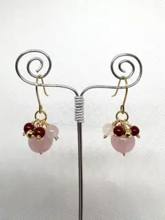 《P58》天然石 ハンドメイド ピアス ローズクォーツ 辰砂 シナバー