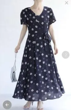 Cawaii ラップワンピース ロングワンピース　フラワープリント ネイビー