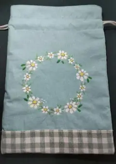 巾着袋 花（マーガレット）の刺繍