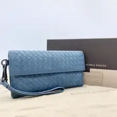 良品 ボッテガヴェネタ 長財布 ストラップ スカイ ブルー