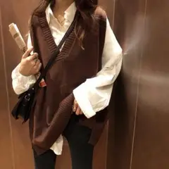 新品 オーバーサイズ Vネック ニット ユニセックス ベスト 茶 ゆったり