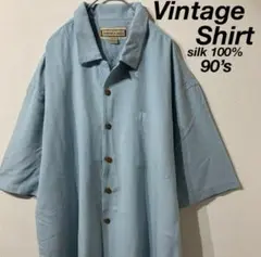 【希少】Vintage Design Shirt シルク シャツ ブルー XL