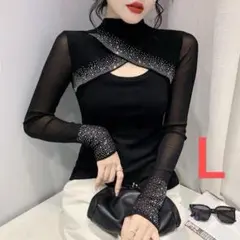 【黒／Lサイズ】 社交ダンス トップス モック 黒 パーティー衣装 ダンス練習