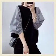 M~Lサイズ 袖切り替え チェック柄 五分袖 トップス カットソー シャツ