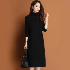【ブラック 黒・ワンサイズ】ニット ワンピース ハイネック ひざ丈 韓国