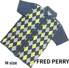 FRED PERRY 半袖シャツ M ダイヤモンド　チェック　デニム調　ネイビー