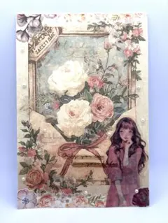 ヴィンテージ風花と女性のアートイラスト絵画ジャンクジャーナル【完成品】