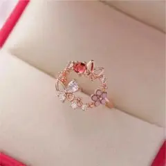 【ピンク×パープル】《フリーサイズリング》蝶々×お花のデザイン♪