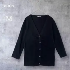 a.a.a. Vネック 五分袖 カーディガン M 黒 ギャザー 薄手 シンプル