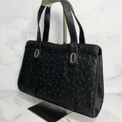 B410【極美品】オーストリッチ風がま口ハンドバッグ　ブラック