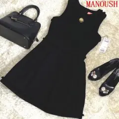 タグ付【マヌーシュ】花装飾 Aライン ウール 厚手 ワンピース 黒36
