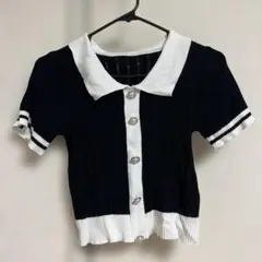 ブラック/ホワイト ショート丈 半袖ニットセーター