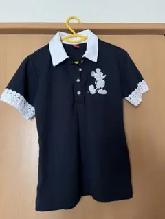 ミッキーマウス刺繍 レディースゴルフウェア 黒ポロシャツ 半袖 Lサイズ