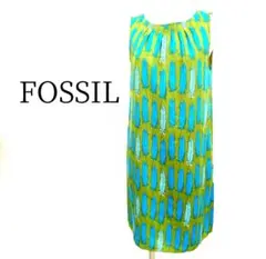 FOSSIL　サテンサマーワンピース　フェザー総柄　胸元タック入り