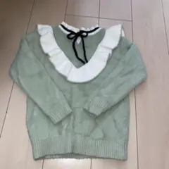 美品裏起毛ミントグリーン フリルセーター 裏地付き　150cm