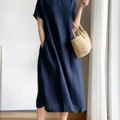 TEMU ネイビー 半袖 ワンピース M