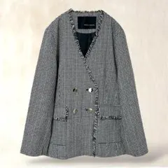 【YECCA VECCA】ノーカラージャケット　ツイード　グレー系　F　千鳥格子