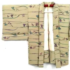 【美品】羽織 正絹 縮緬 ちりめん 染付 花柄 身丈74 裄62 ベージュ