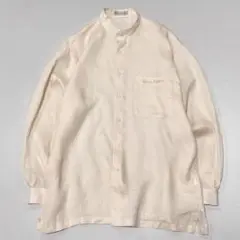 90s 国産 リネン100% L/S バンドカラーシャツ 刺繍 ベビーピンク