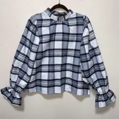 新品　レディース　シャツ　長袖　チェック柄　フリル袖　バルーン袖　M