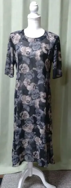 花柄 半袖 ロングワンピース グレー系