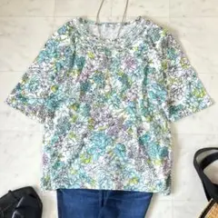 Modia Giere カットソー 半袖 M-L 花柄総柄 ストレッチ ゆったり