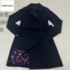 【美品】クィーンズコート　トレンチコート 花柄　ベルト付　ネイビー　Sサイズ