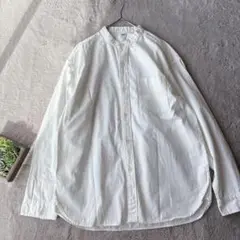 美品(L)ユニクロ/長袖シャツ/ノーカラー/綿100%/コットン/アイボリー