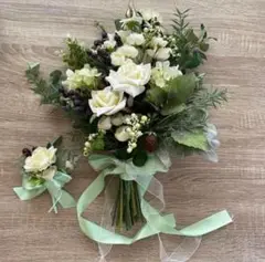 ナチュラル ウェディングブーケ ブートニア 結婚式