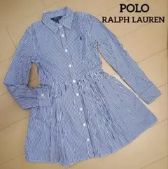 ポロ ラルフローレン 長袖 シャツワンピース ストライプ 紺X白 140
