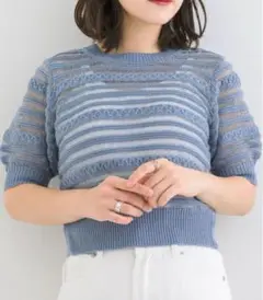 ems excite エムズエキサイト スカシボーダーニット 半袖 ブルー