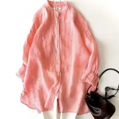 美品 ウィムガゼット 麻100% ラミースタンドカラーシャツ 23SS ピンク