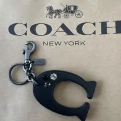 【美品】COACH コーチ Cモチーフ キーホルダー レザー×ラインストーン 黒