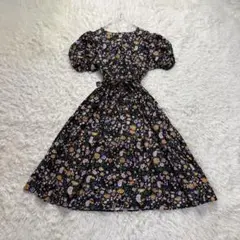 レトロ ロングワンピース 花柄 ウエストリボン パワーショルダー