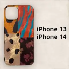 iPhone13/14 カバー メタリック調 アニマル 抽象デザイン