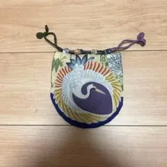 白鶴&鈴デザイン 巾着袋 巾着　レトロな生地